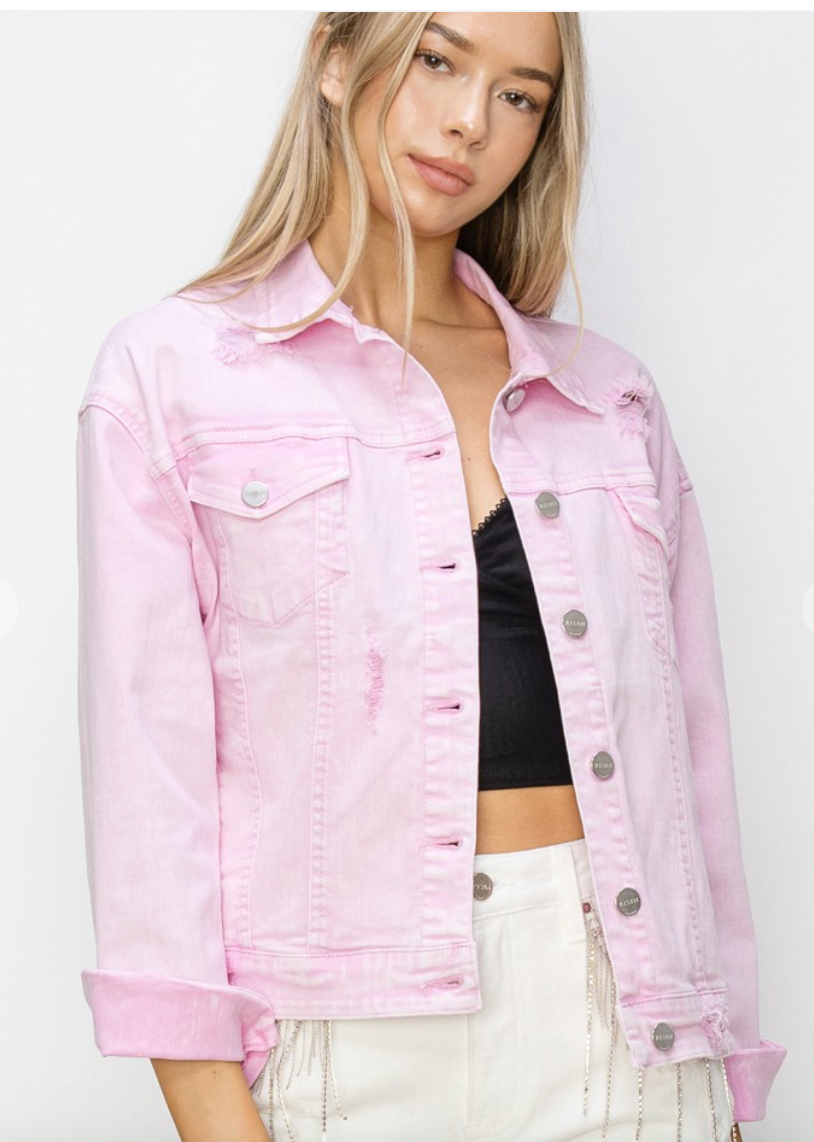 Pink Sunset Distressed Denim Jacket