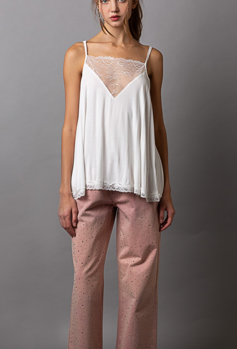 Deep V Lace Tank Top - Ivory