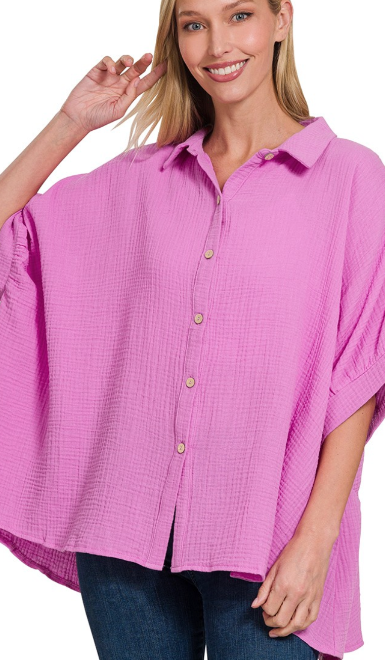 Effortless Button Up Top - Pink Berry