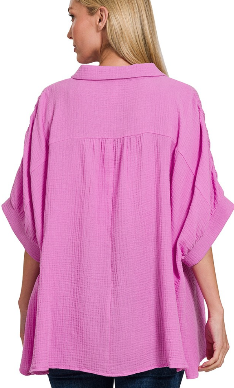 Effortless Button Up Top - Pink Berry