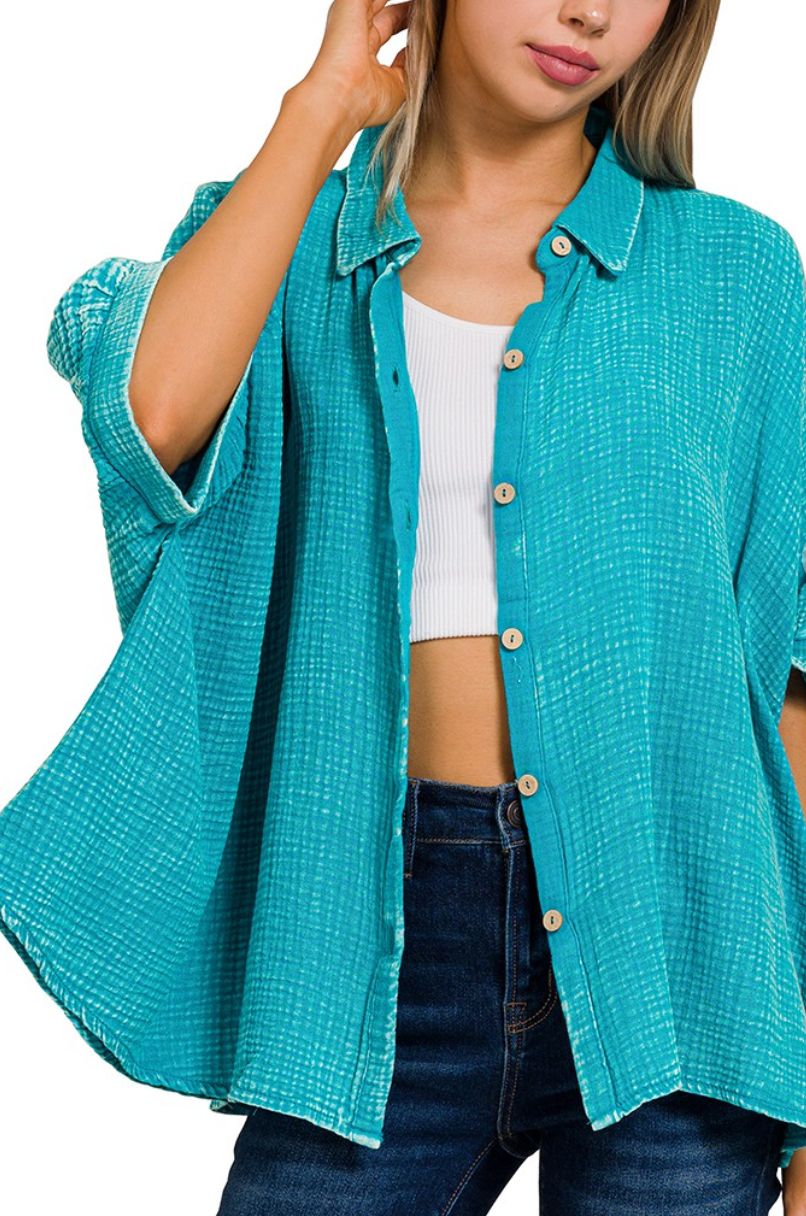 Effortless Button-up Top - Washed Jade Green