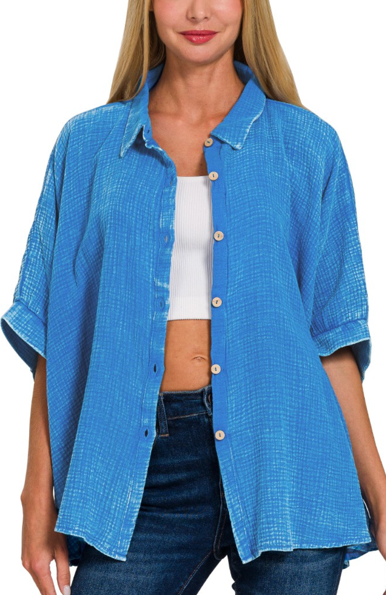 Effortless Button-up Top - Washed Deep Ocean Blue