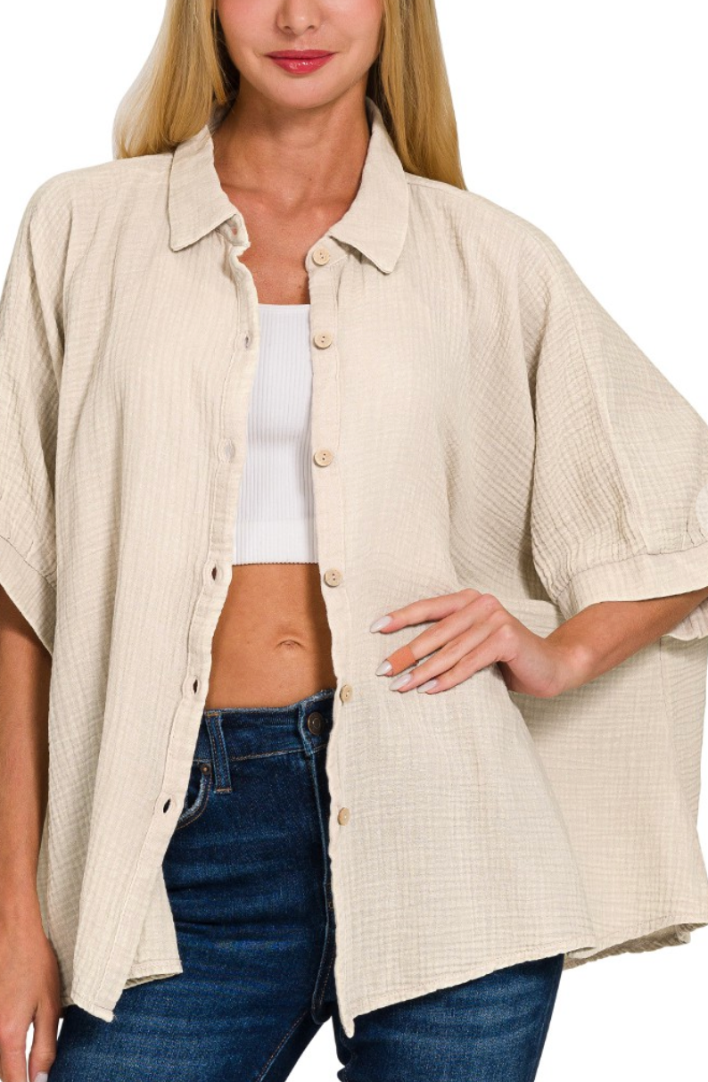Effortless Button-Up Top - Sand