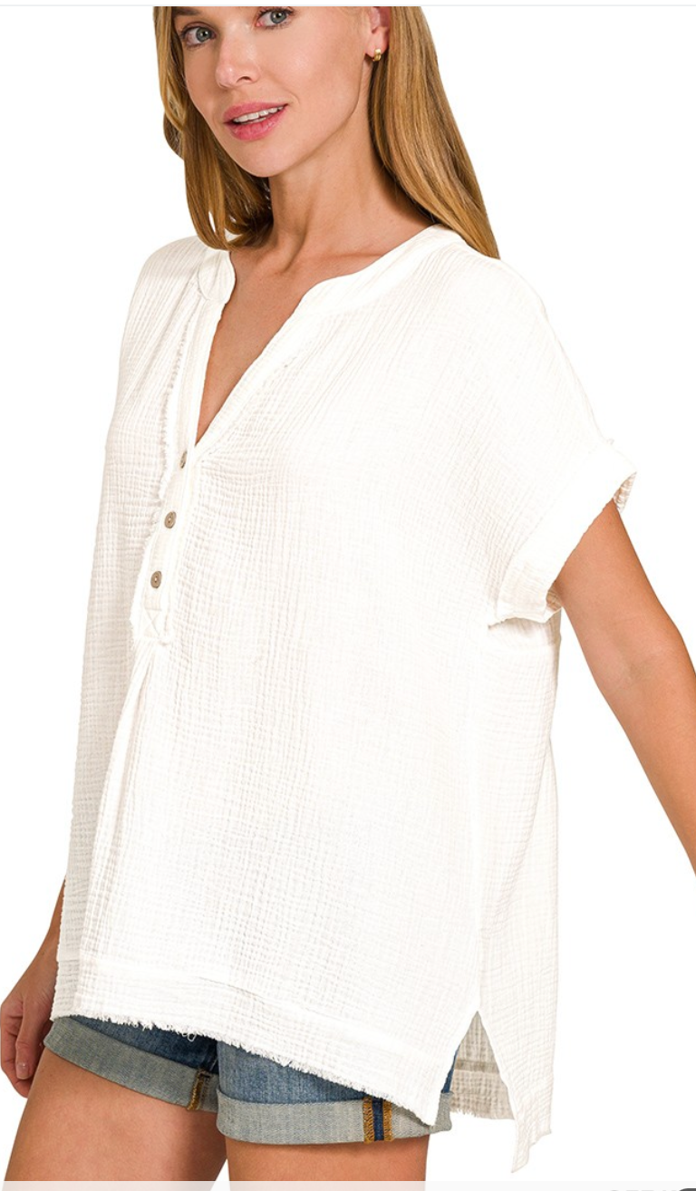 Effortless Henley 3/4 Button Front Top - Off White
