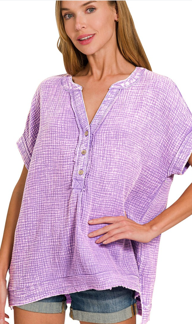 Effortless Henley 3/4 Button Front Top - Lavender