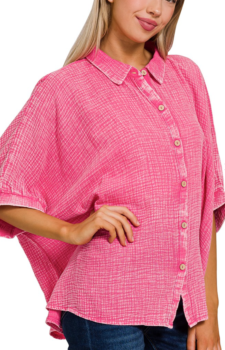 Effortless Button-up Top - Washed Hot Pink