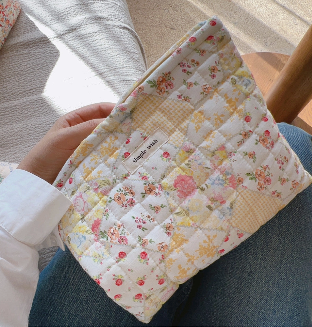 Quilted Floral Cosmetic Bag - Yellow