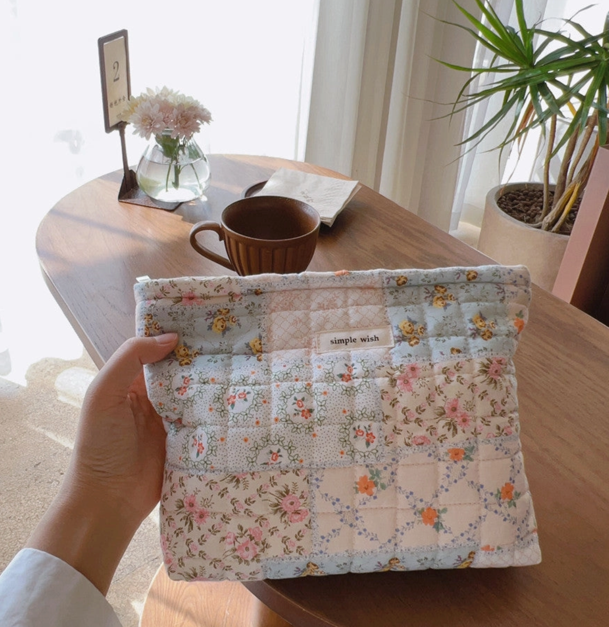 Quilted Floral Cosmetic Bag - Blue