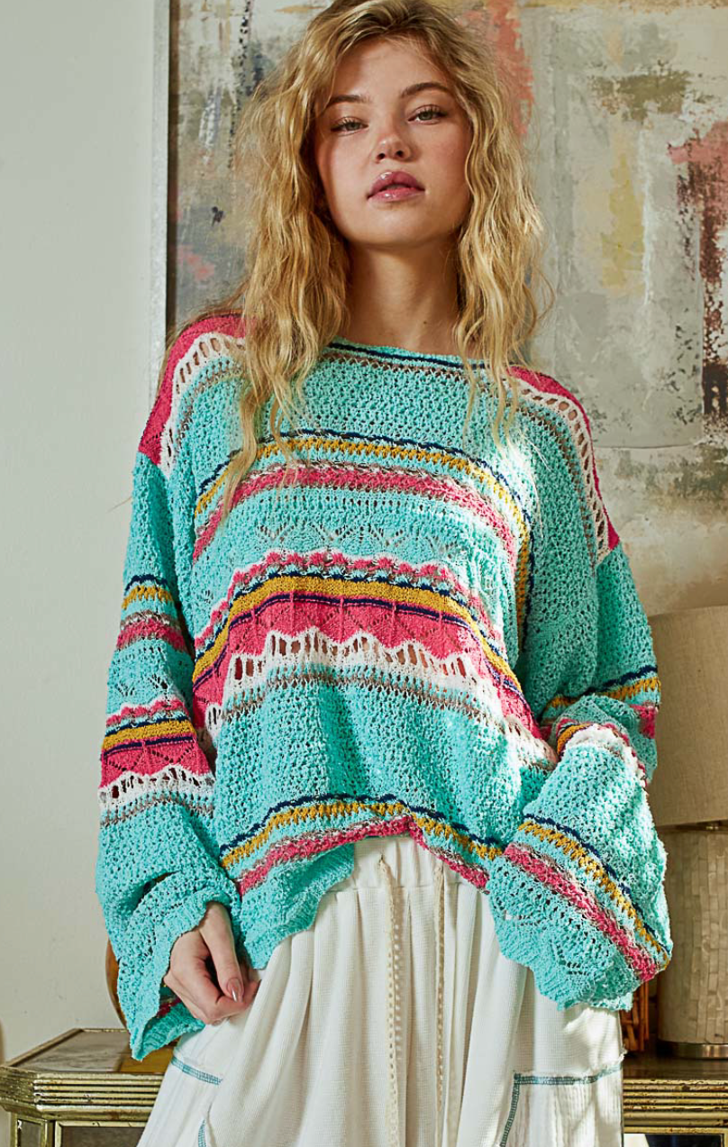 Multi Stripe Pullover Sweater - Teal