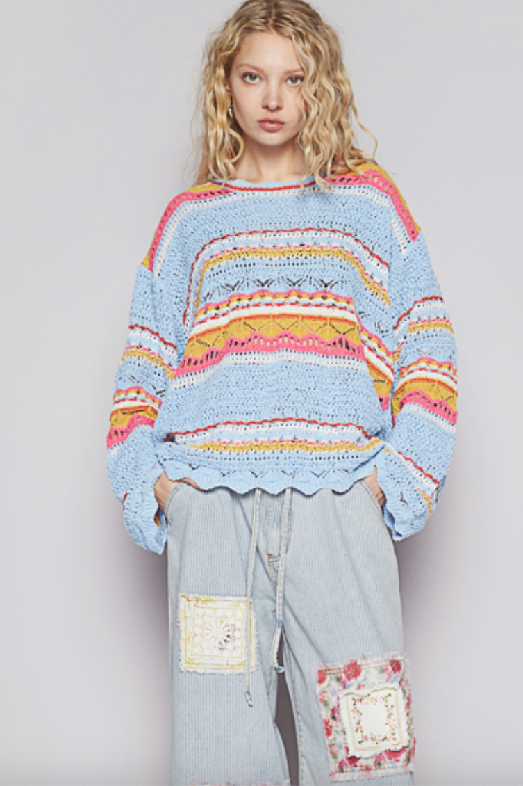 Multi Stripe Pullover Sweater - Blue