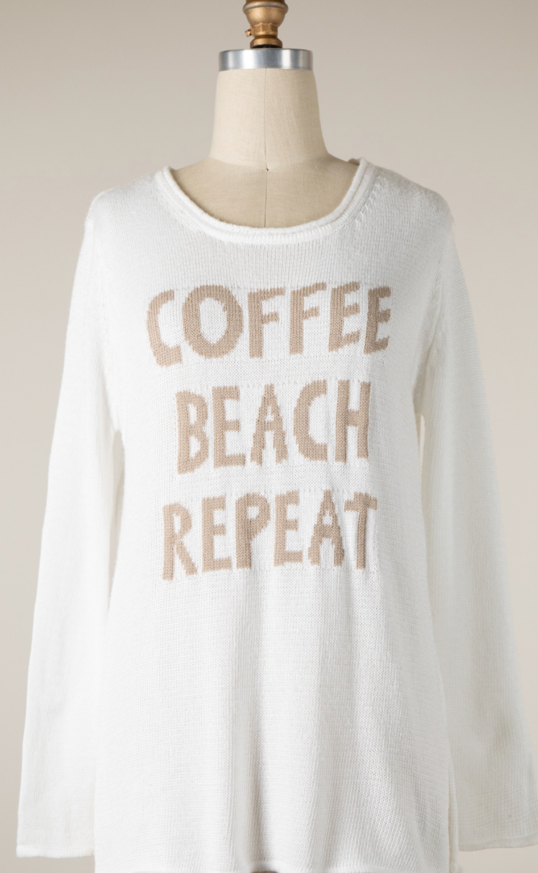 Coffee, Beach, Repeat Sweater - White & Tan