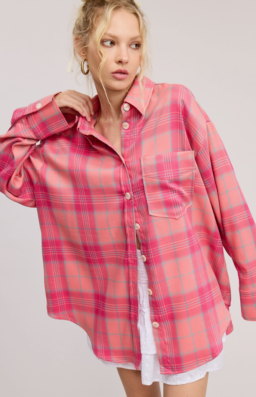 Pink Plaid Oversized Button Up Shirt