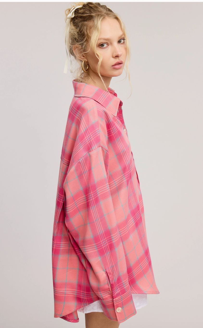 Pink Plaid Oversized Button Up Shirt
