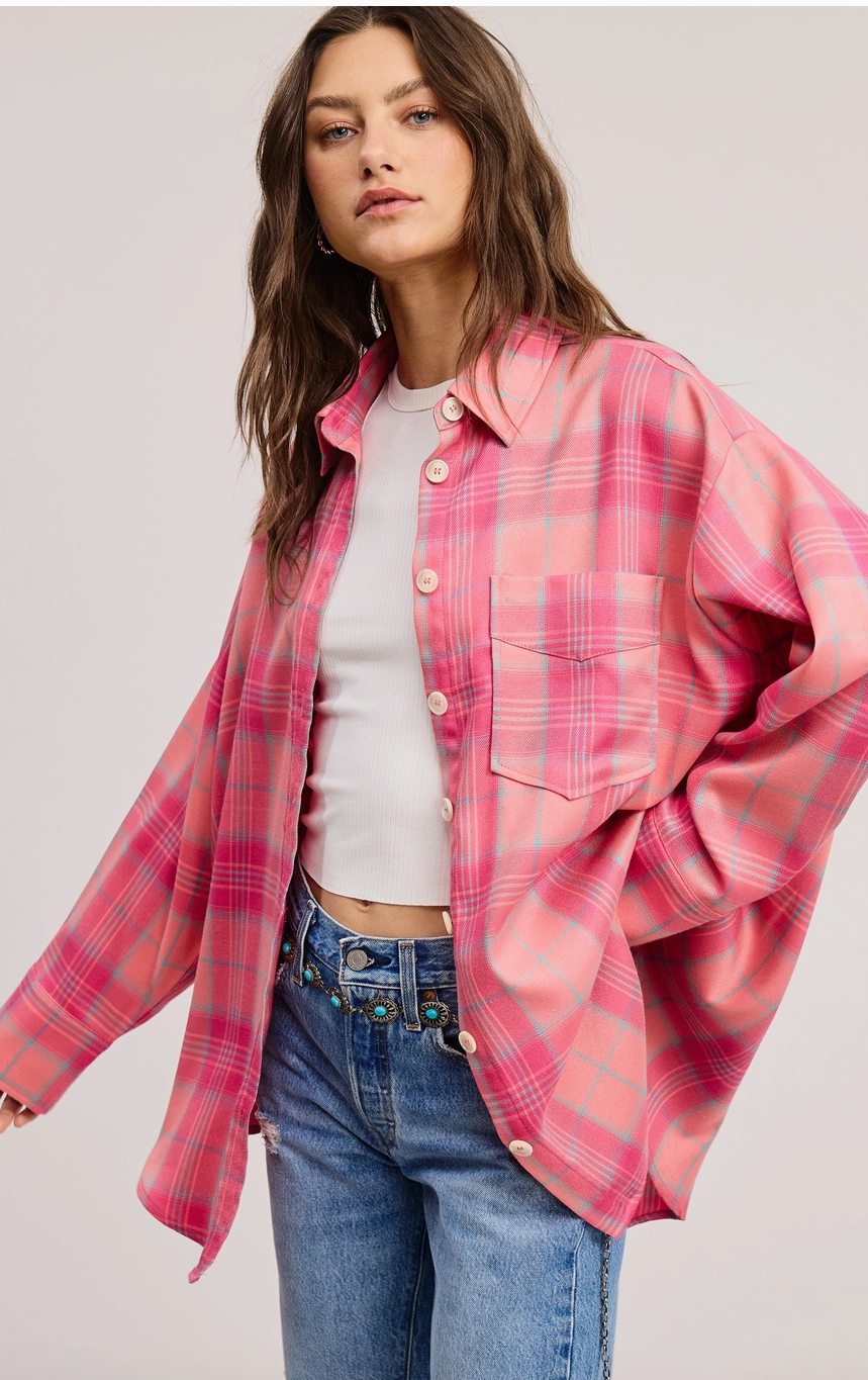 Pink Plaid Oversized Button Up Shirt