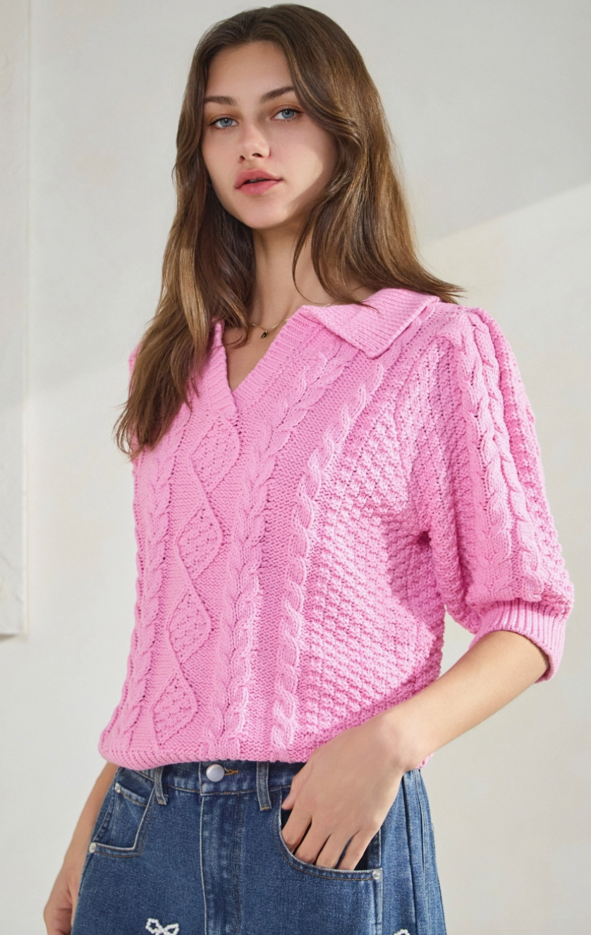 Sunset Drift Cable Knit Sweater - Pink