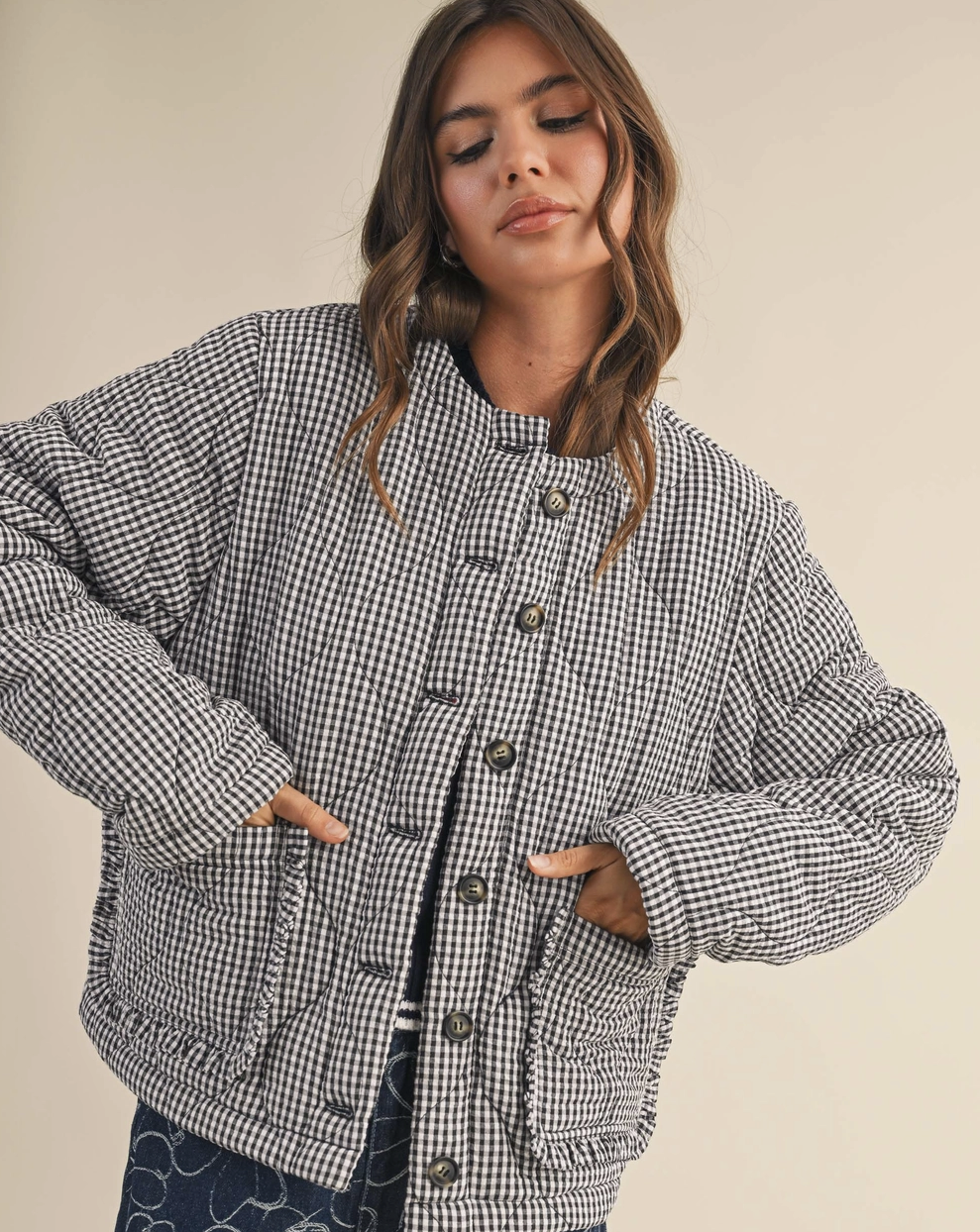 Tiny Gingham Quilted Jacket - Black