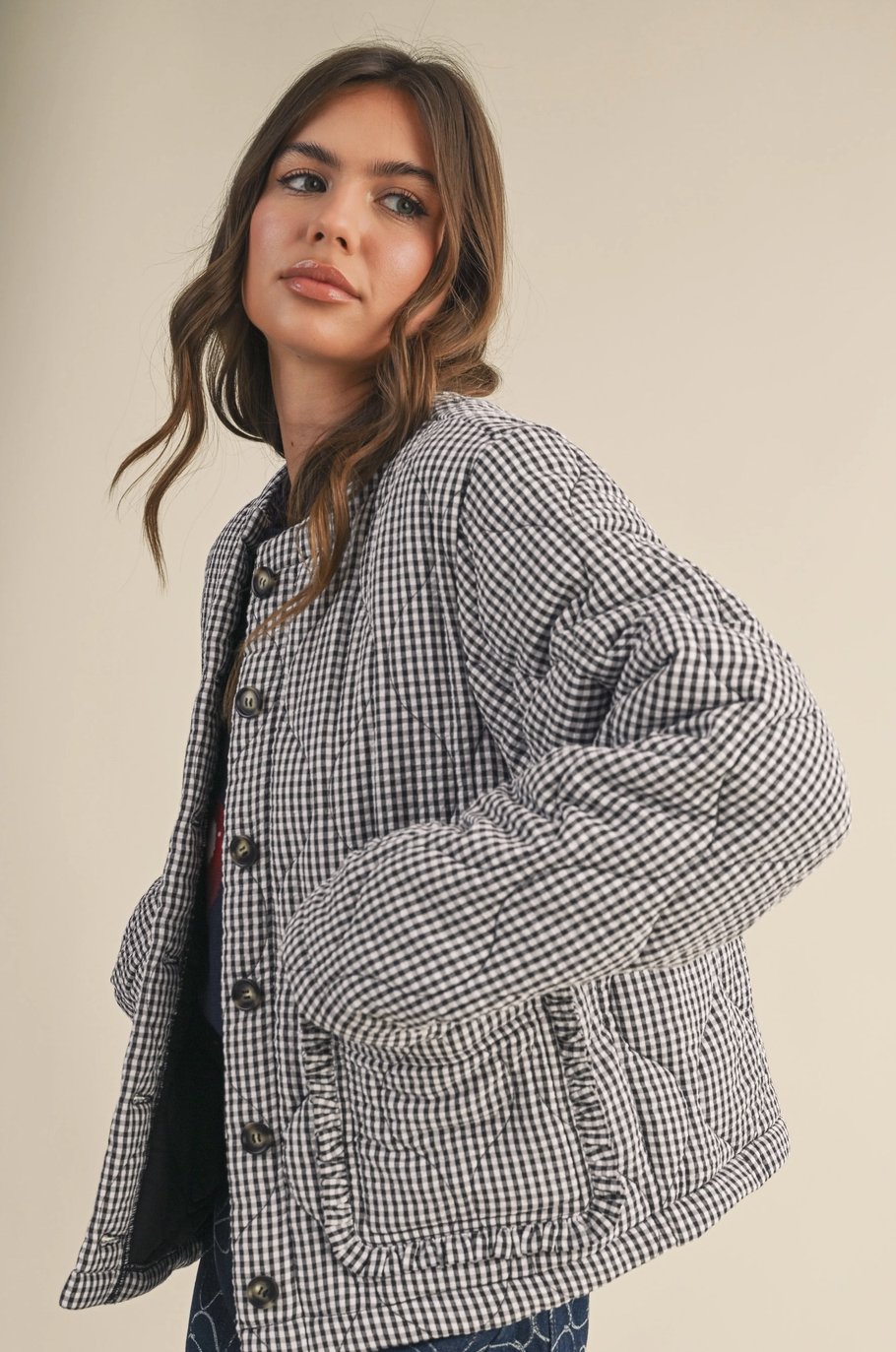 Tiny Gingham Quilted Jacket - Black