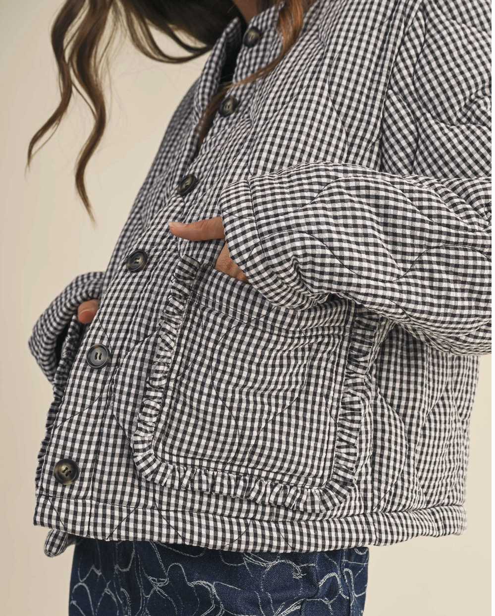 Tiny Gingham Quilted Jacket - Black