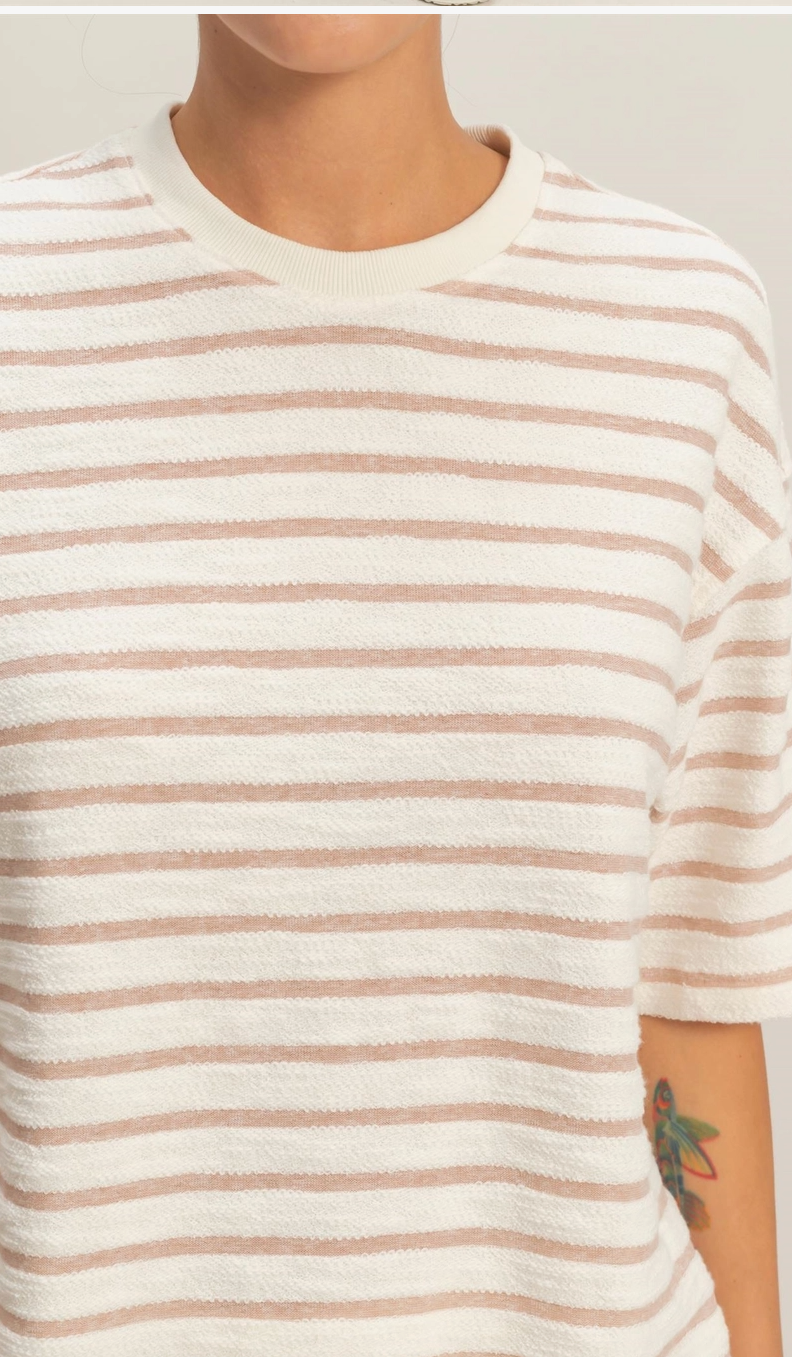Laid Back Striped Terry Cloth T-Shirt - Tan