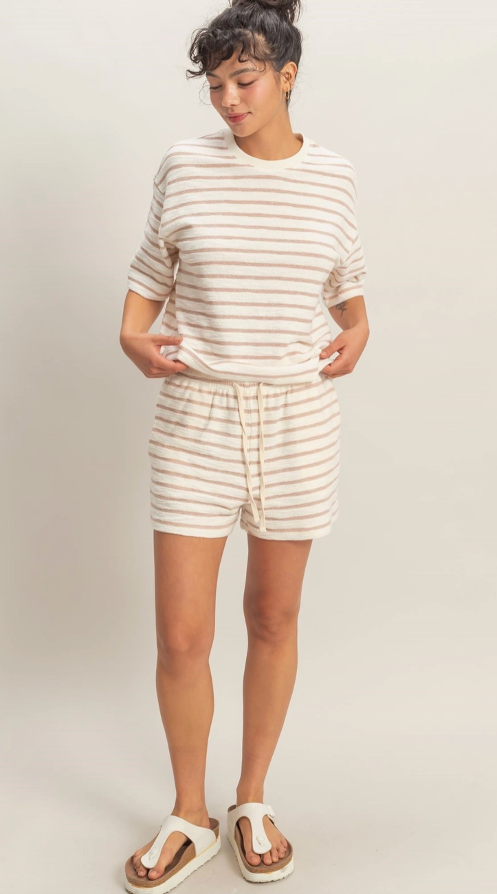 Laid Back Striped French Terry Shorts - Tan