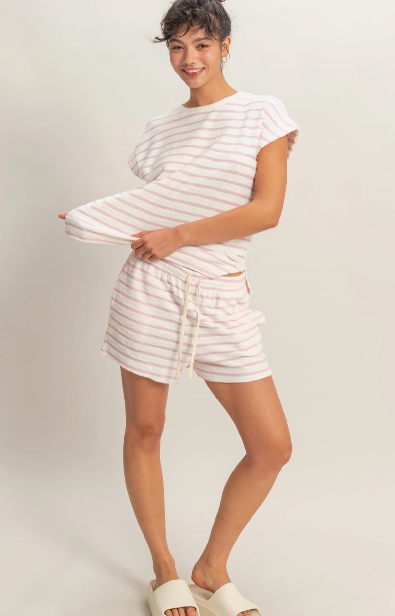 Laid Back Striped French Terry Shorts - Pink