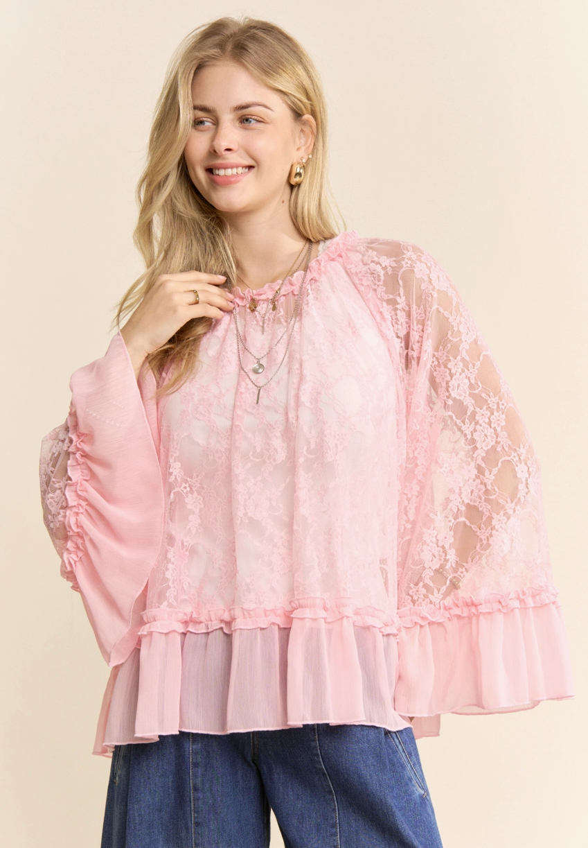 Bell Sleeve Lace Blouse - Pink
