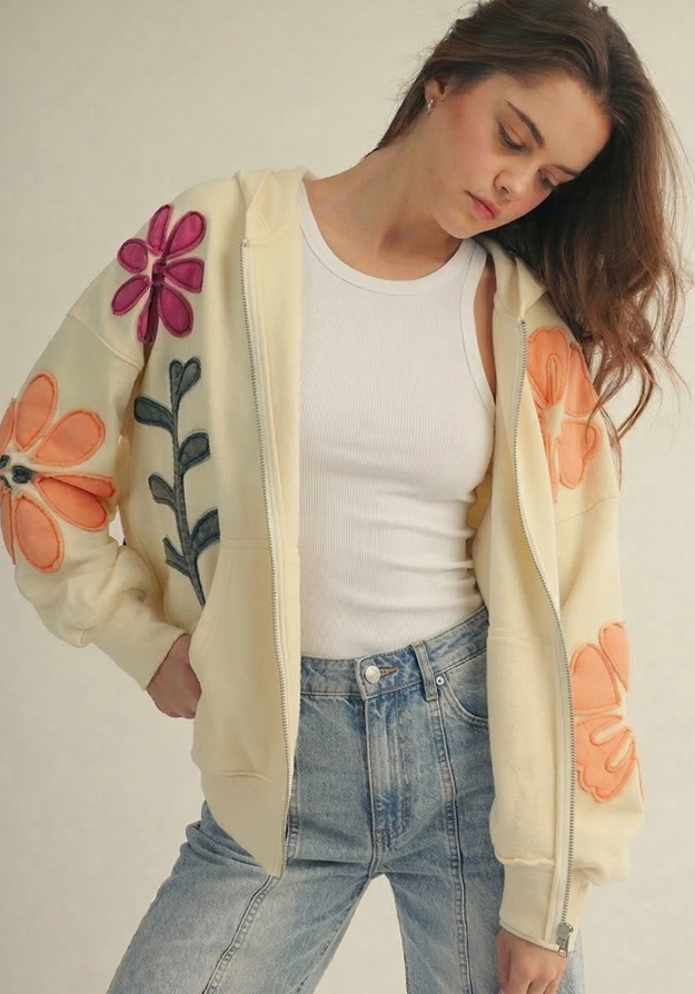 Full Bloom Zip Up Hoodie - Ivory
