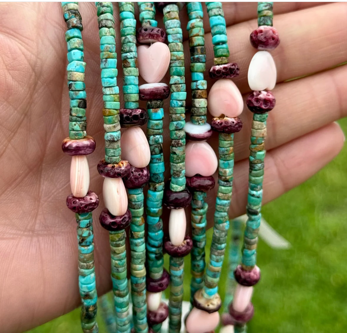 Turquoise, Purple Spiny & Pink Conch Necklace 16 Inch