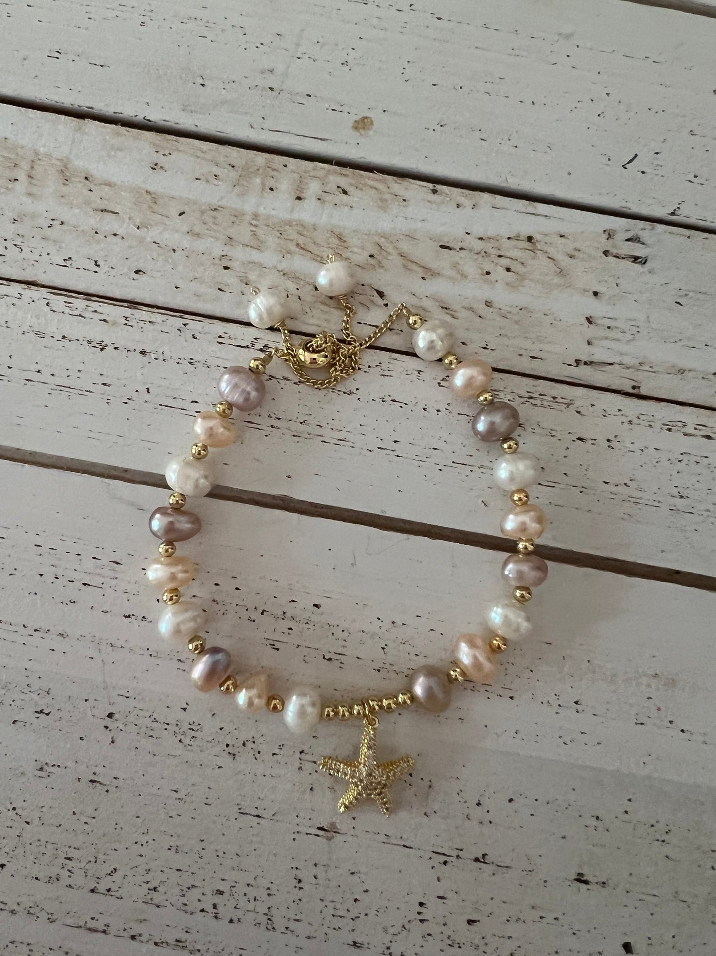 Gold Plated Multi-Color Pearl Bracelet w/ Starfish