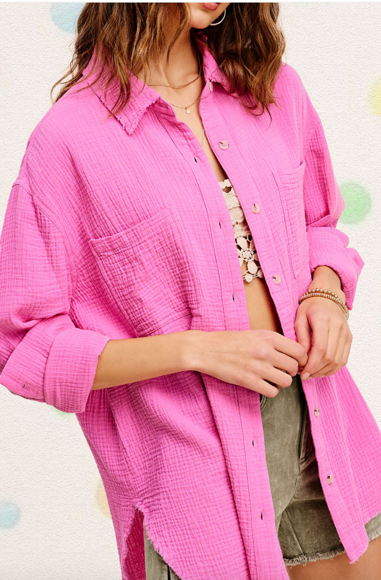 Morning Breeze Gauze Button Down Shirt - Pink FINAL SALE