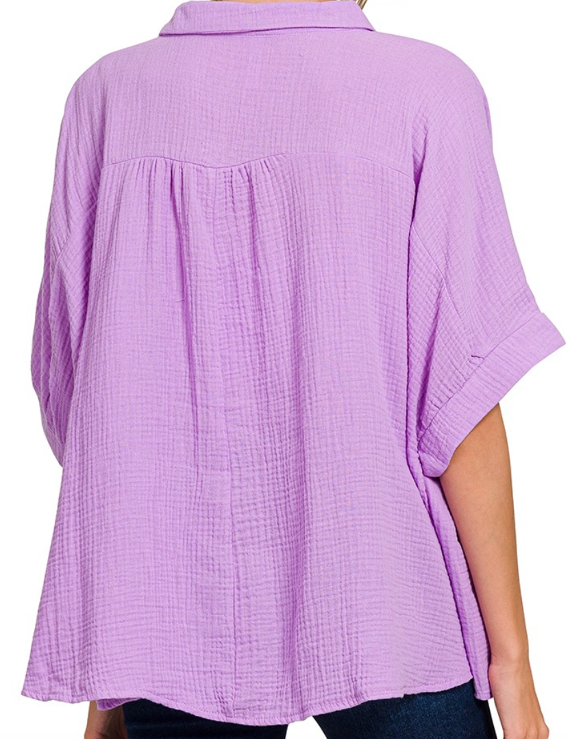 Effortless Gauze Button Down Top - Lavender, Berry, Black & White