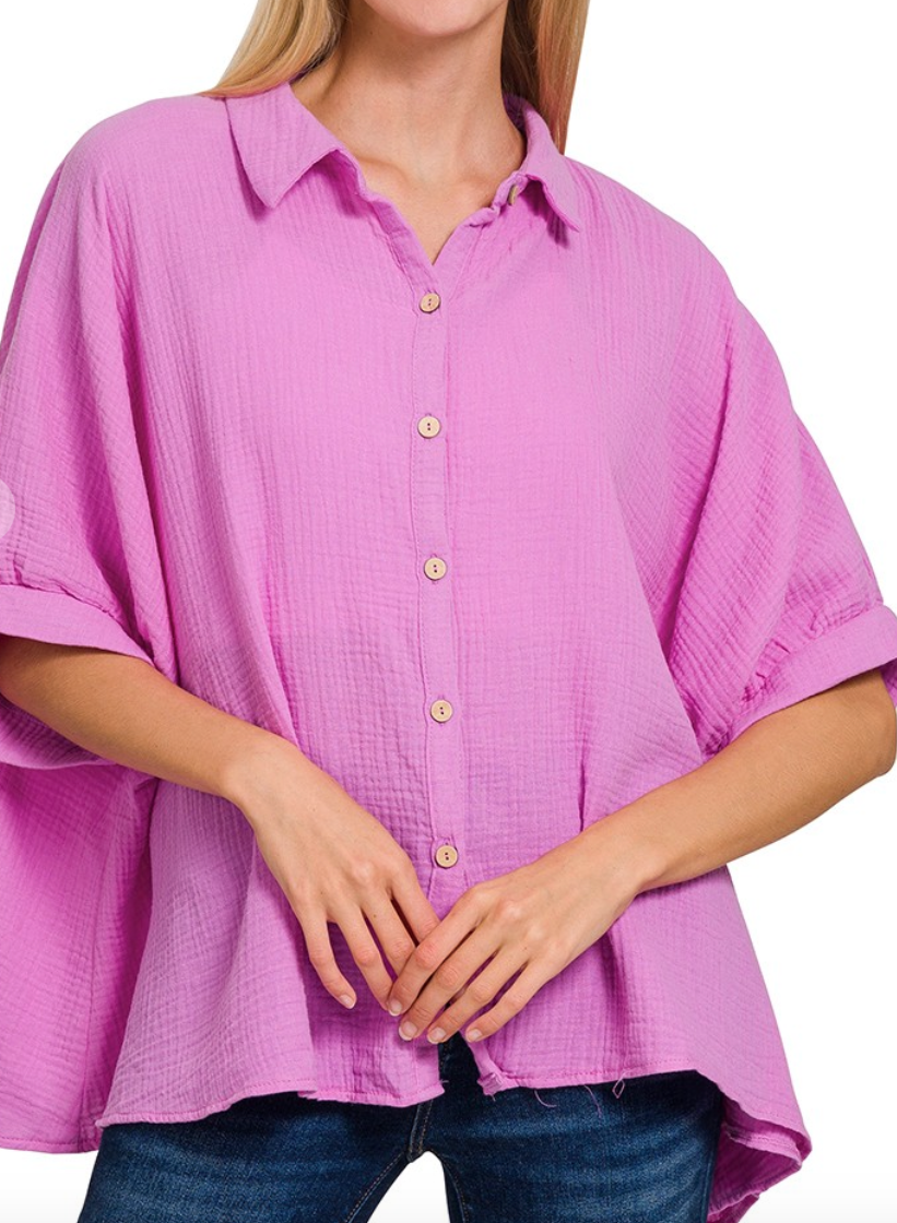 Effortless Gauze Button Down Top - Lavender, Berry, Black & White