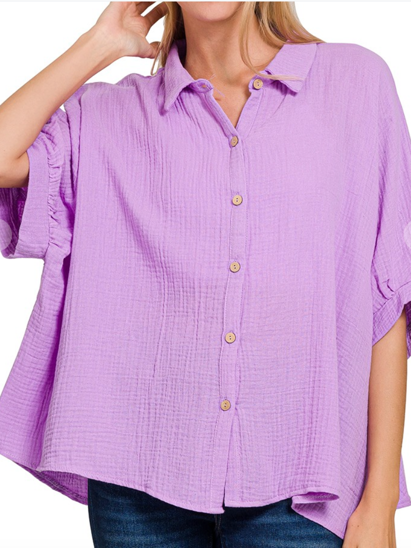 Effortless Gauze Button Down Top - Lavender, Berry, Black & White