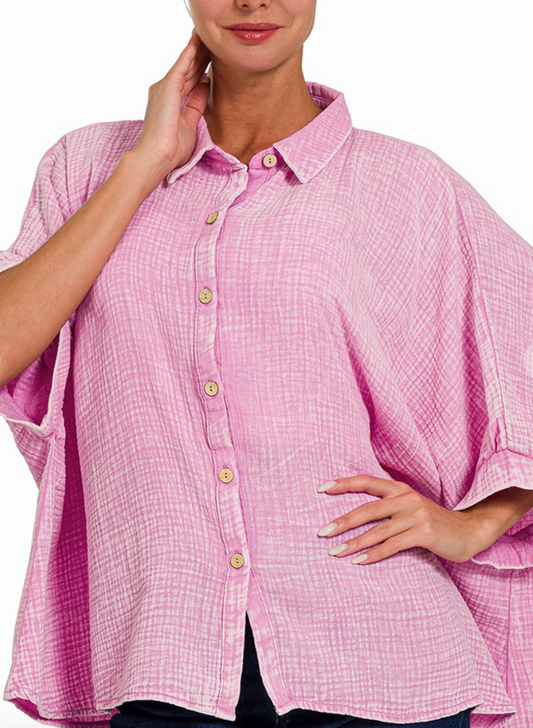 Effortless Mineral Washed Gauze Top - Light Pink, Lavender, Hot Pink