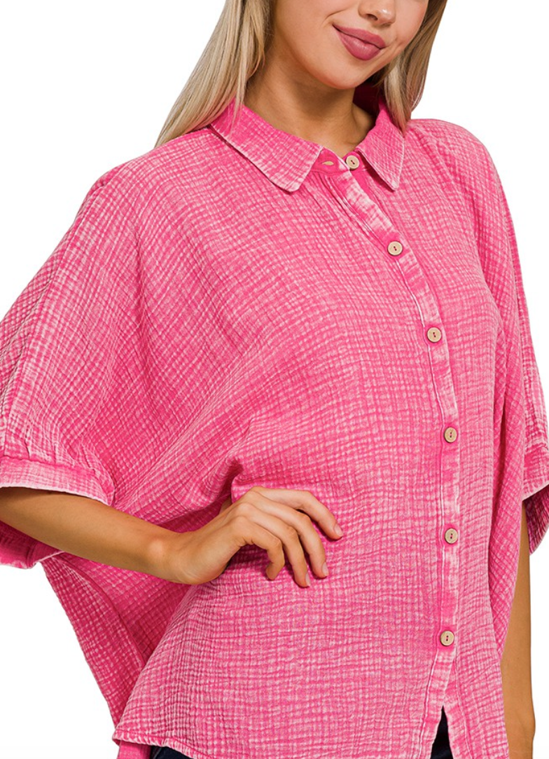 Effortless Mineral Washed Gauze Top - Light Pink, Lavender, Hot Pink