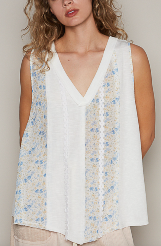 Flower Garden V-Neck Tank - White & Blue