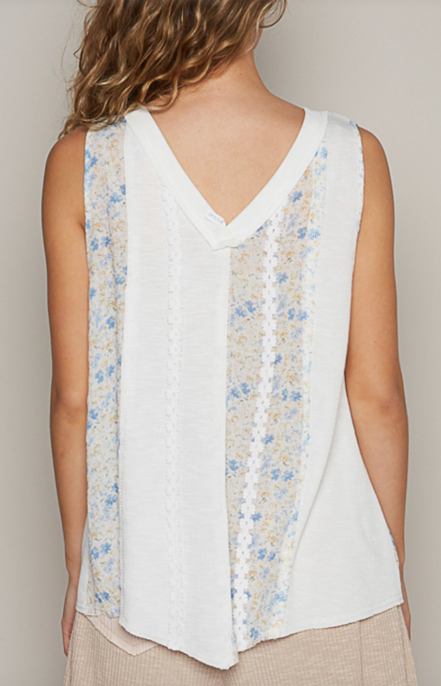 Flower Garden V-Neck Tank - White & Blue