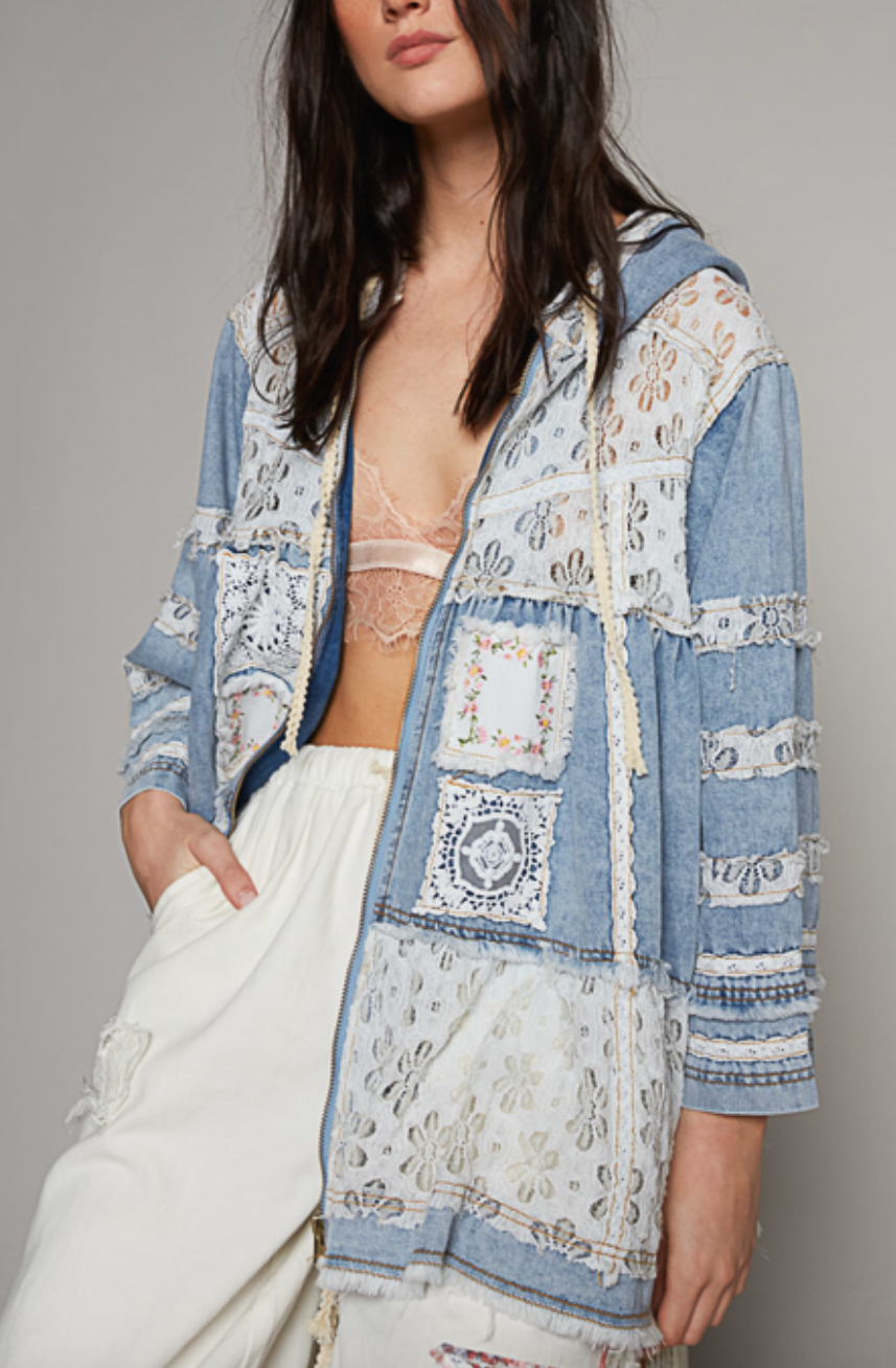 Lace & Denim Hooded Jacket