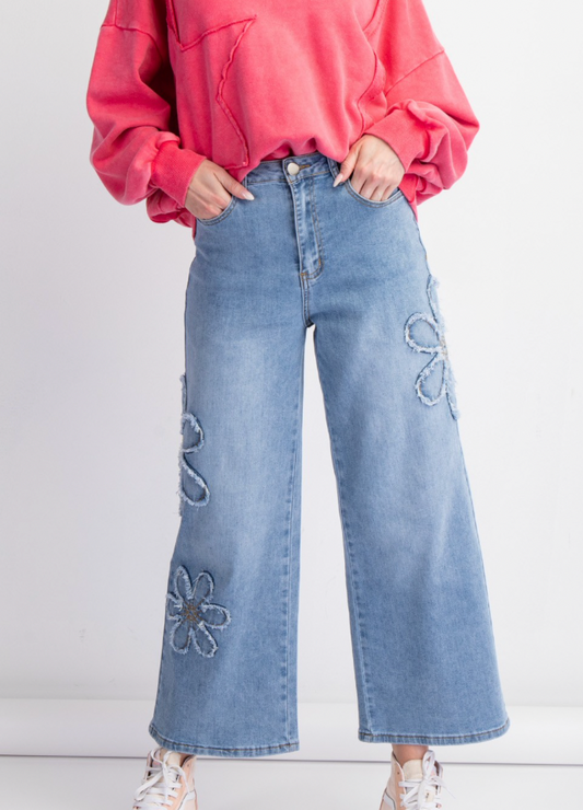 Flower Power Washed Denim Pants