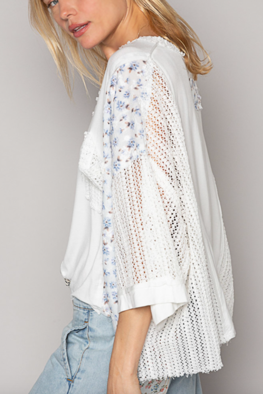 Riviera Lace & Floral T-shirt - White & Blue