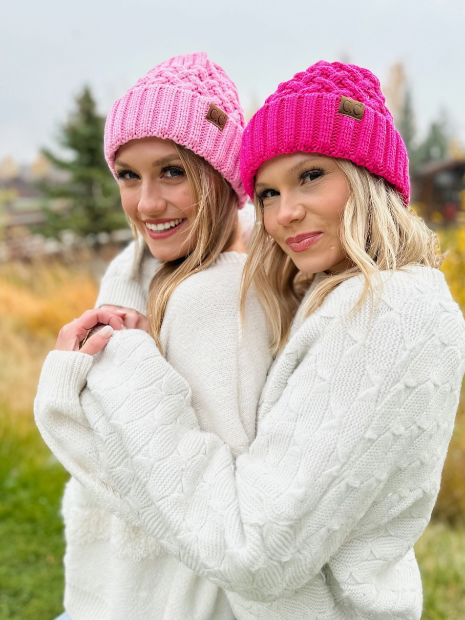 Lattice Knit Beanie - Barbie Pink