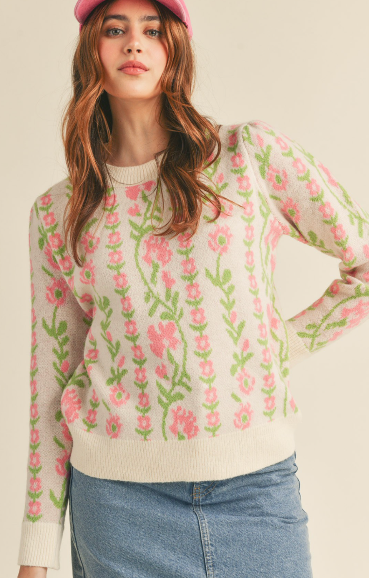 Poetic Floral Pullover Sweater - Cream