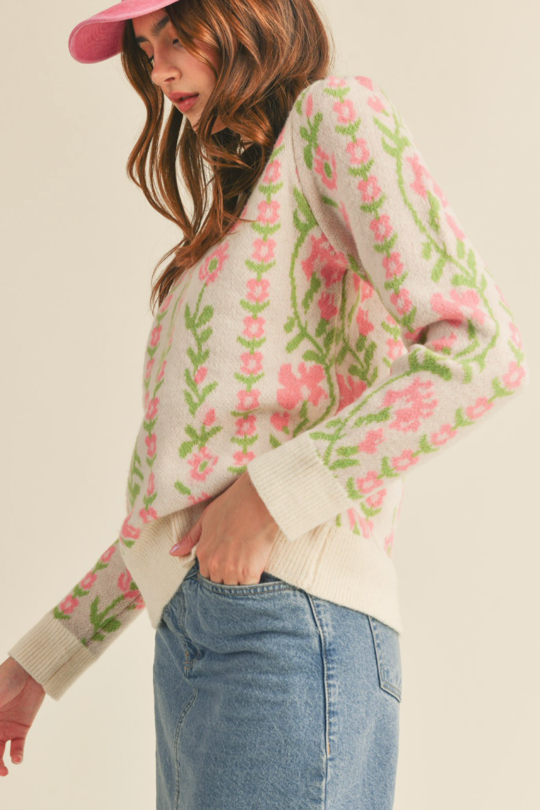 Poetic Floral Pullover Sweater - Cream