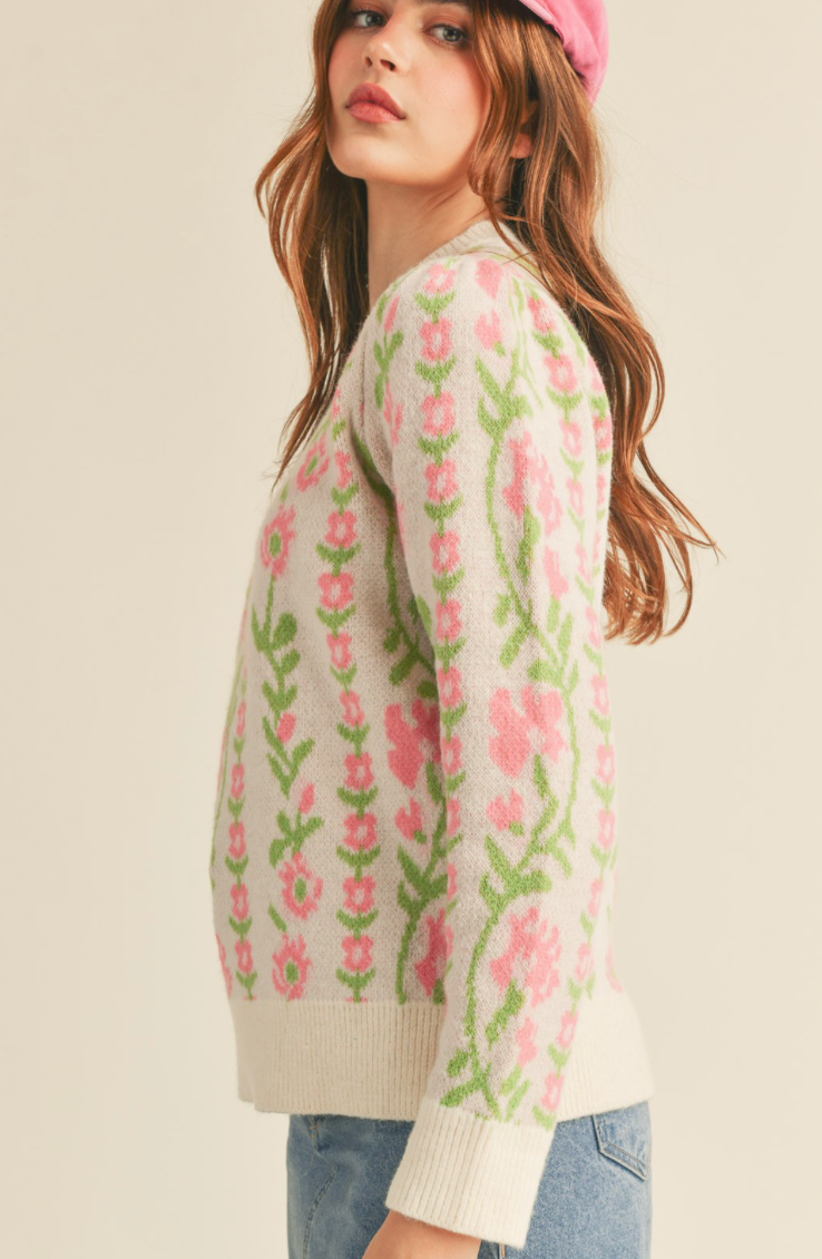 Poetic Floral Pullover Sweater - Cream