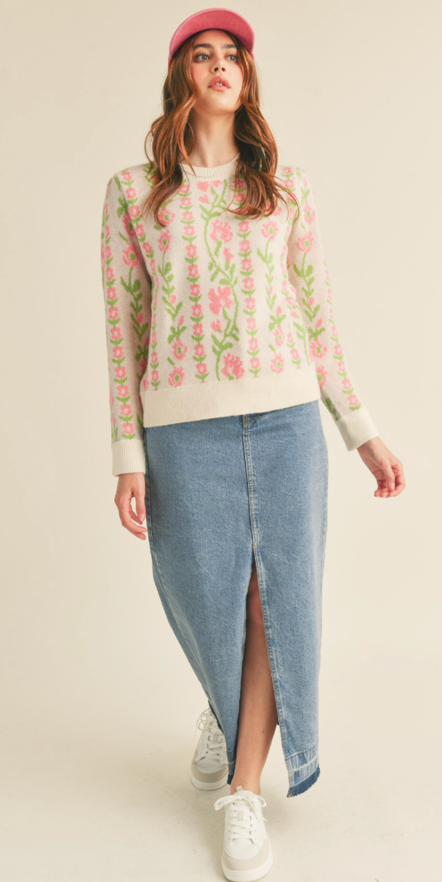 Poetic Floral Pullover Sweater - Cream