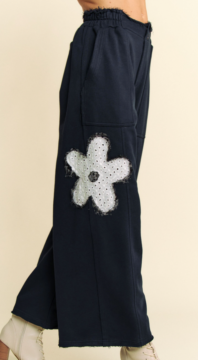 Floral Charm French Terry Pants - Deep Navy