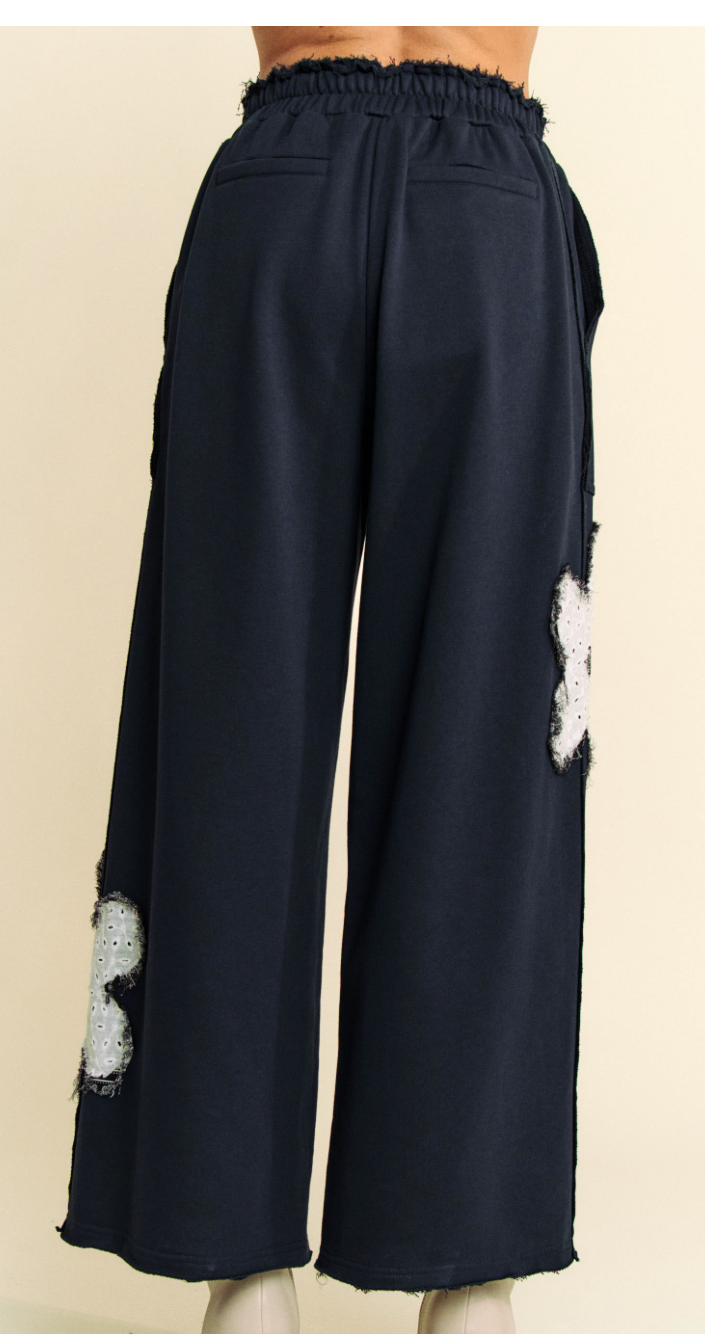 Floral Charm French Terry Pants - Deep Navy