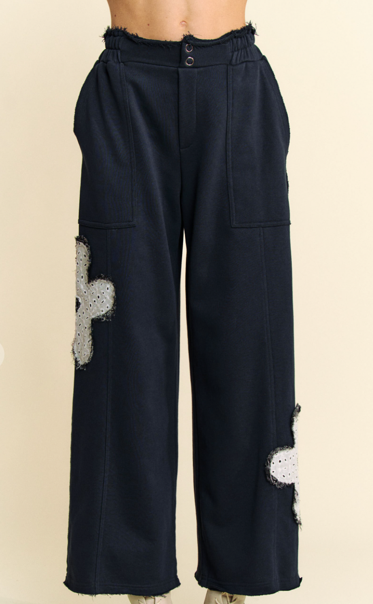 Floral Charm French Terry Pants - Deep Navy