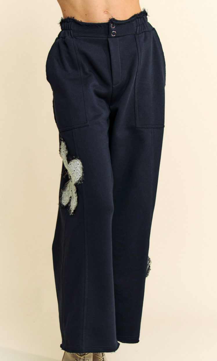 Floral Charm French Terry Pants - Deep Navy