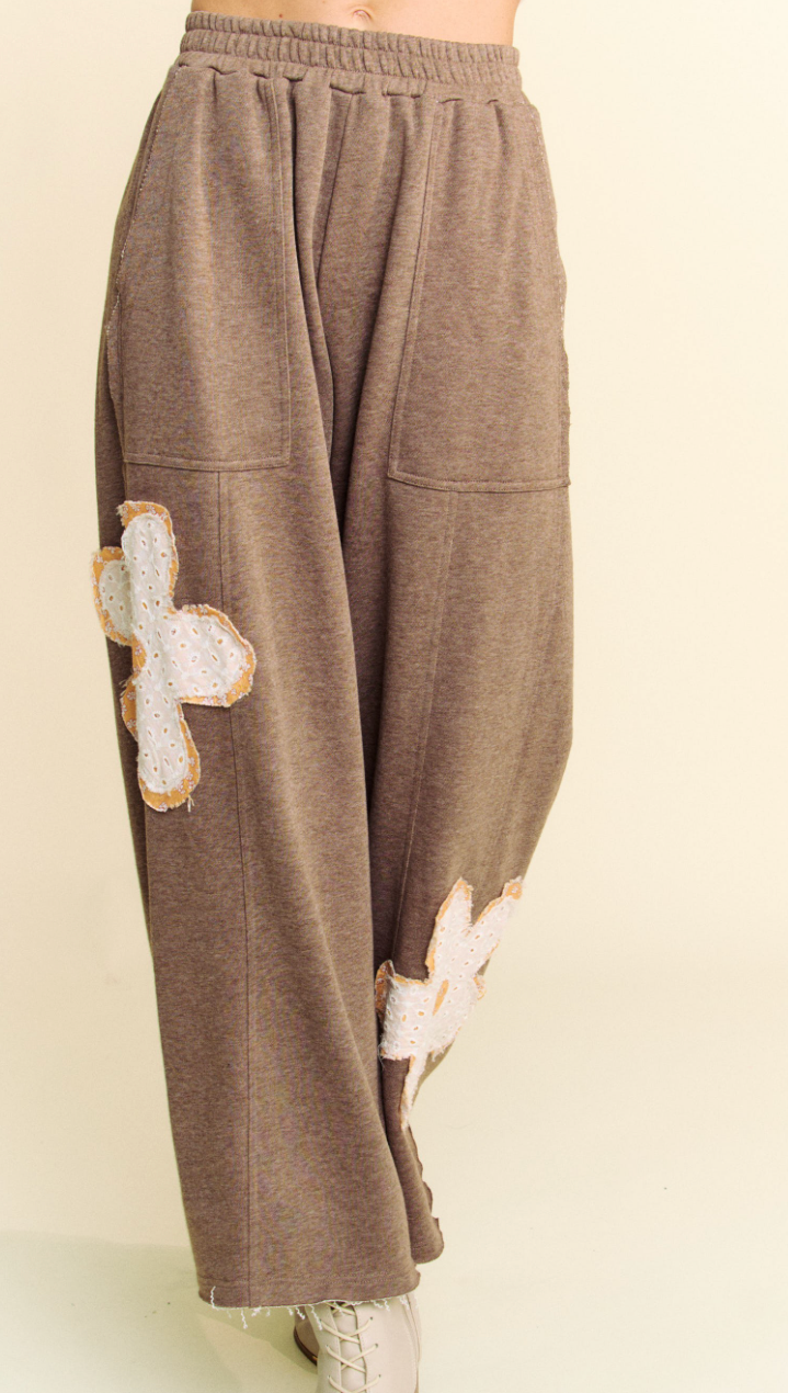 Floral Charm French Terry Pants- Mocha